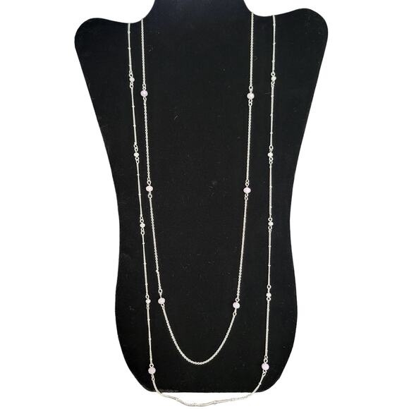 Lauren Conrad Silver Tone Pink & Cream Beaded Layered Necklace 32" +3" Extender - Picture 10 of 12